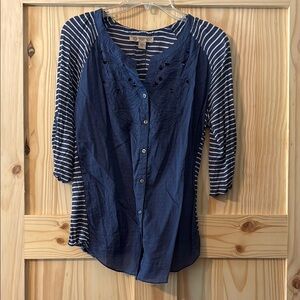 Women's Blue Striped Button-Up Top